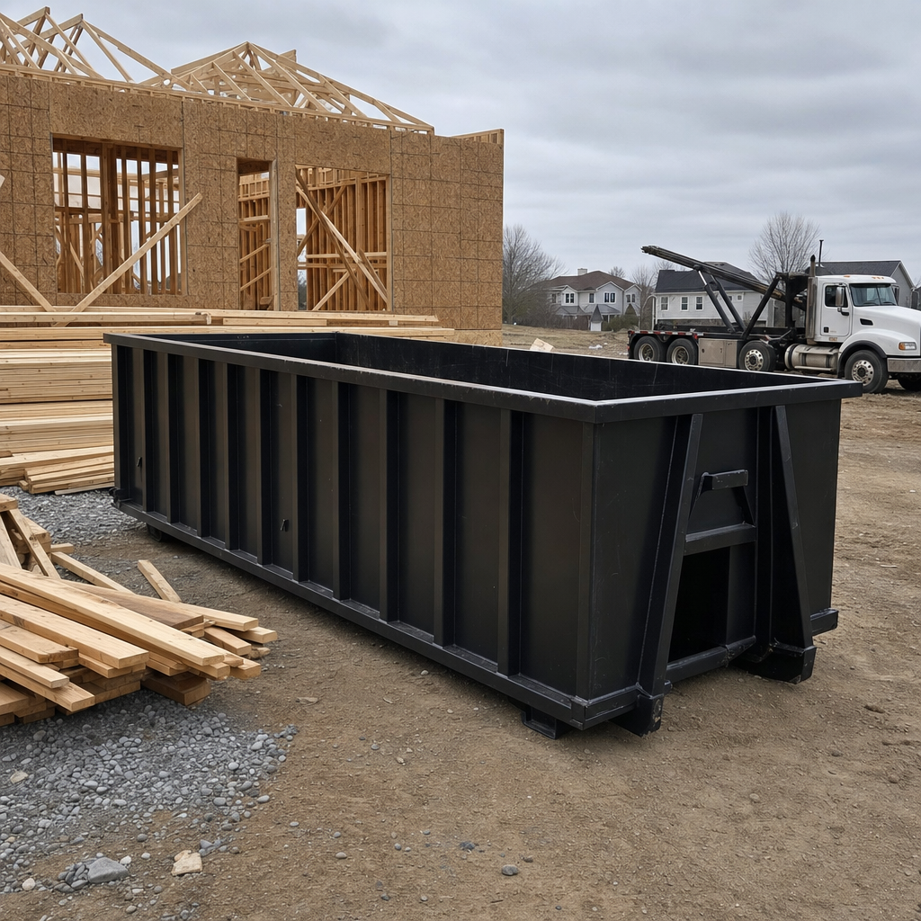 Matte-black 40-yard roll-off dumpster staged on a framed-out residential construction site in Las Vegas, framing lumber stacked nearby, hooklift delivery truck visible in the background under bright Colorado daylight
