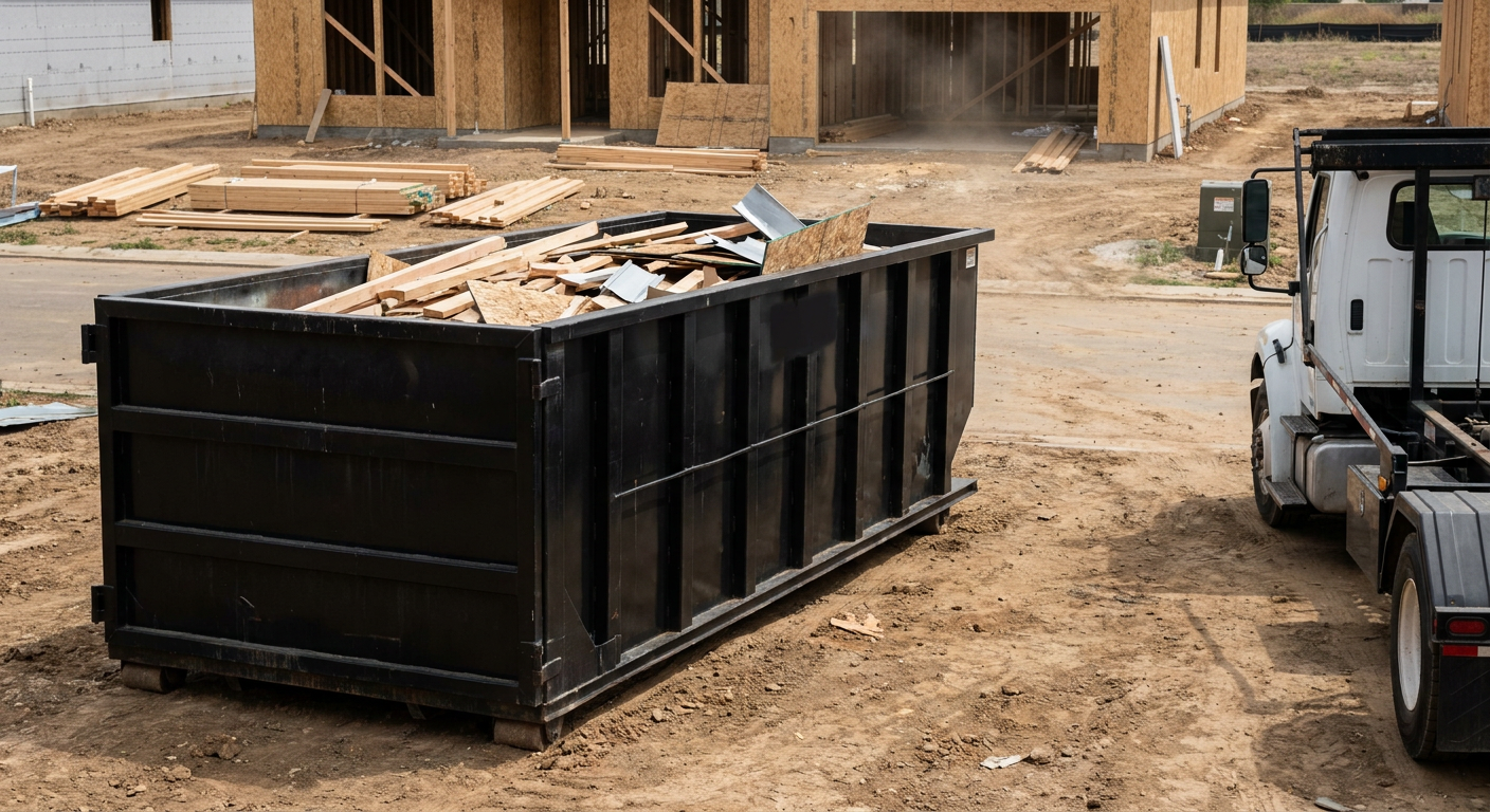 Matte-black 20-yard roll-off construction dumpster with heavy ribbed steel sidewalls and swing rear doors at a working jobsite in Las Vegas, sitting directly on compacted dirt with an unmarked white hauler partially visible at the far edge of the frame.
