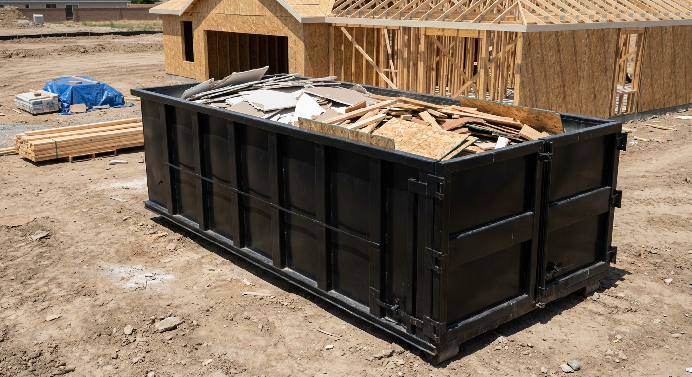 Matte-black 30-yard roll-off construction dumpster sitting directly on the compacted-dirt site of a framed single-family home build in Las Vegas, drywall and lumber scrap loaded inside.