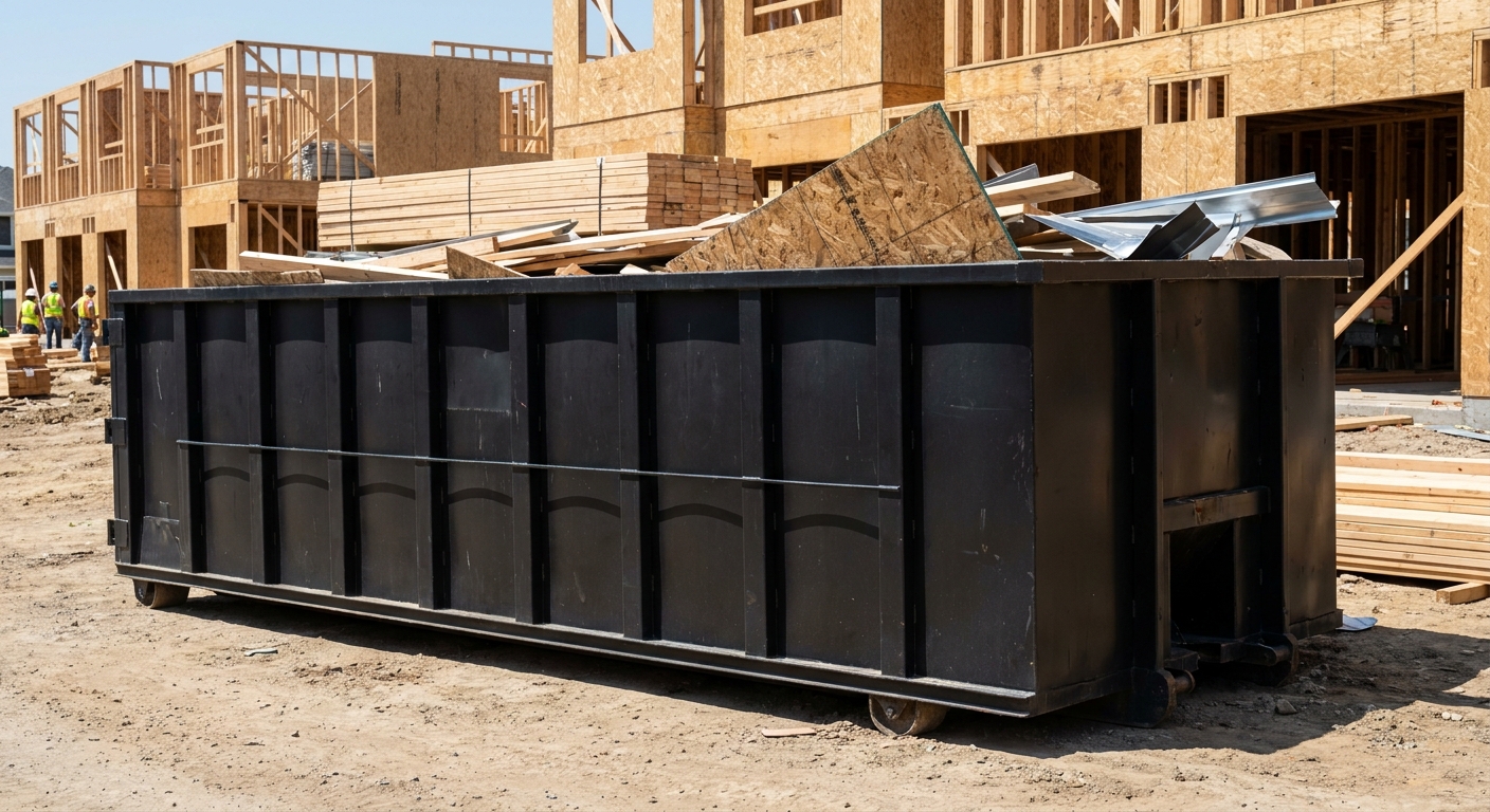 Matte-black 40-yard roll-off construction dumpster being lowered from a white-cab hooklift delivery truck onto the compacted-dirt jobsite at a commercial build site in Las Vegas