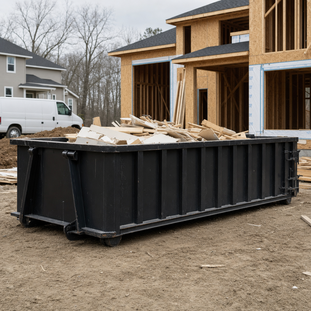 Worker in a yellow high-visibility vest tossing framing lumber and broken drywall into a matte-black 30-yard construction roll-off dumpster on an active build site in Las Vegas, bright daylight