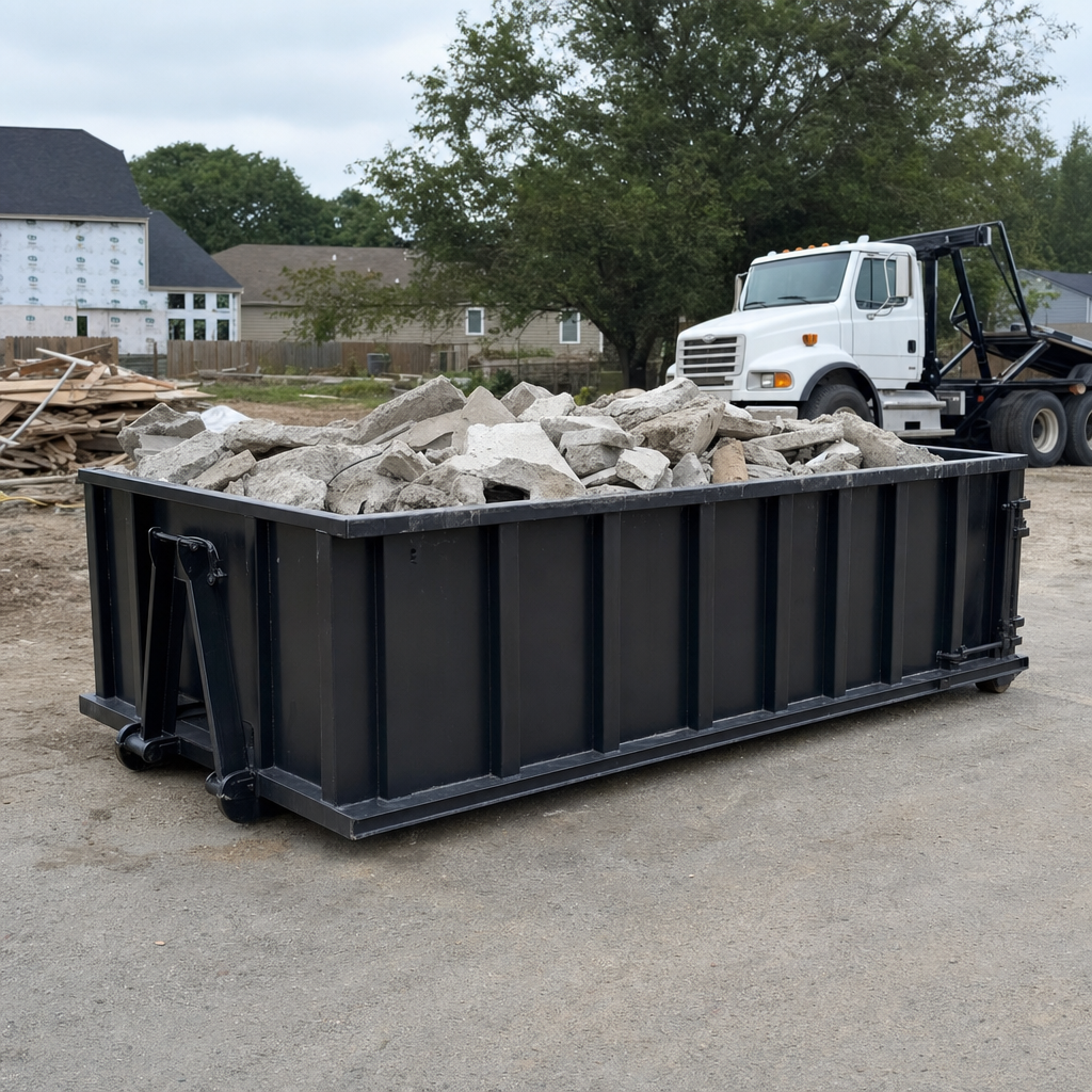 Low-profile matte-black lowboy roll-off dumpster loaded with broken concrete slab and rebar at a foundation tear-out in Las Vegas, skid steer parked beside it, sunny Colorado morning