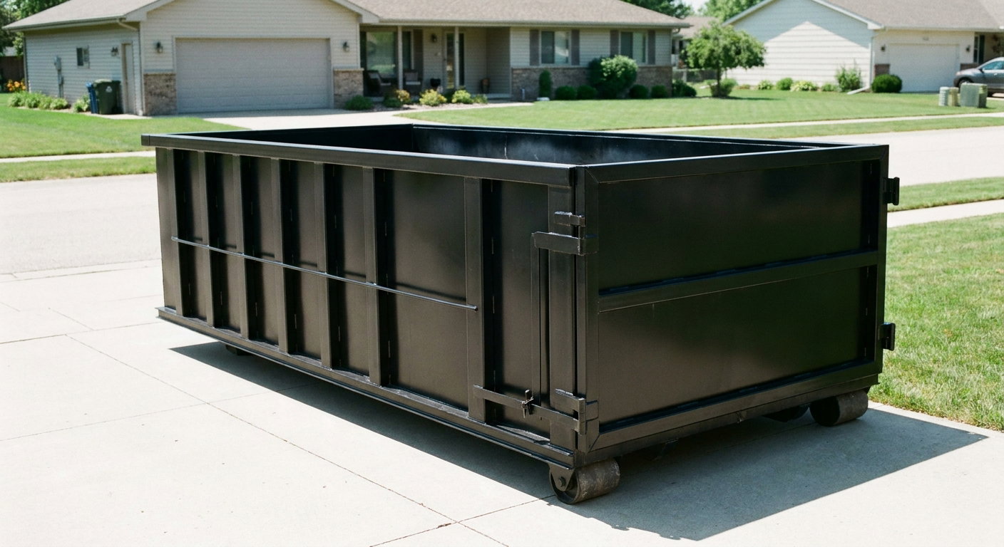 Matte-black 10-yard roll-off dumpster on a residential concrete driveway in Las Vegas, uniformly painted matte black across every panel and rail, ribbed steel sidewalls and rear swing door visible, mid-day daylight.
