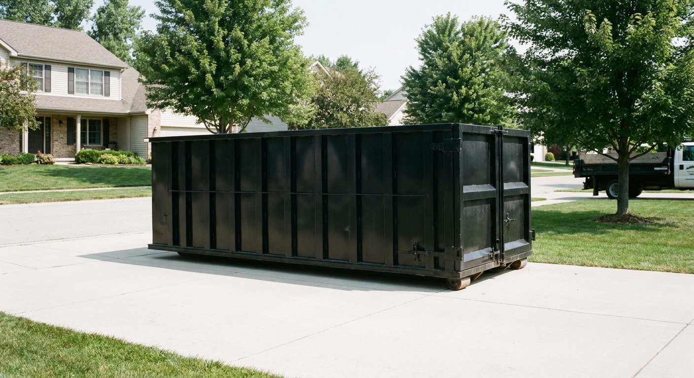 Matte-black 20-yard roll-off dumpster sitting level on a clean Las Vegas residential concrete driveway under bright daylight, demonstrating clean placement directly on the concrete.