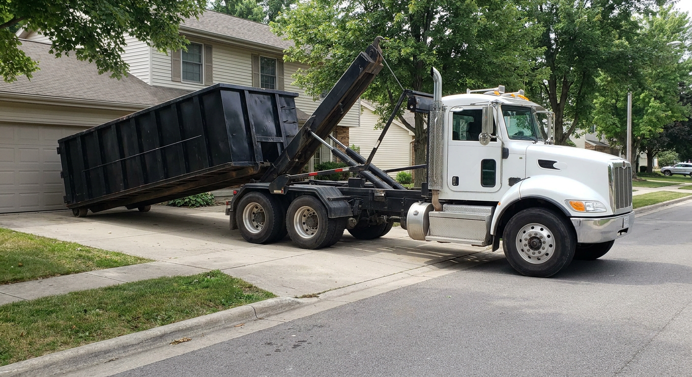 White-cab hooklift roll-off truck actively lowering a matte-black dumpster onto a Las Vegas residential concrete driveway, the dumpster's rear wheels touching the driveway as the hoist arm tilts the bed forward, mid-morning daylight.