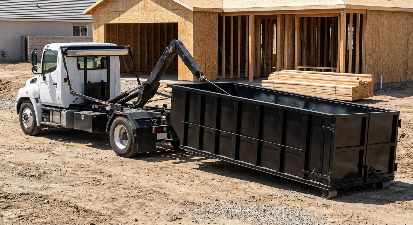 Black roll-off dumpster being lowered from a hooklift truck onto a residential concrete driveway, mid-morning daylight, documentary perspective