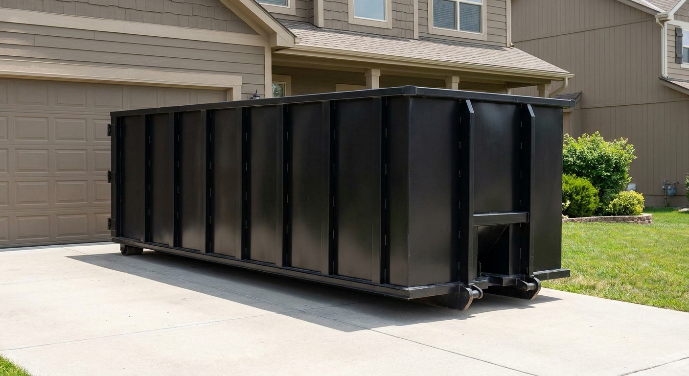 Matte-black residential roll-off dumpster sitting directly on a suburban Las Vegas concrete driveway, garage door closed, single-family home in background, bright morning daylight.