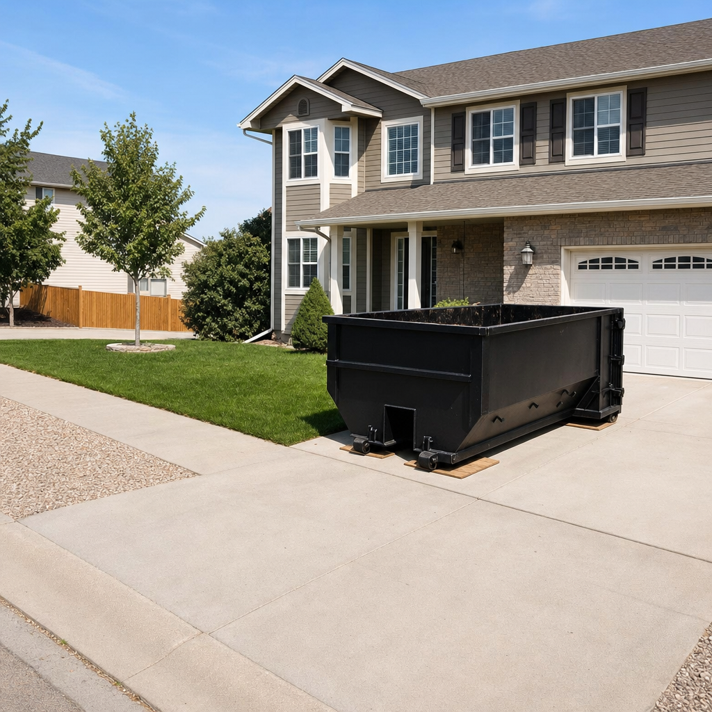 10-yard matte-black residential dumpster placed directly on a narrow Las Vegas concrete driveway, room remains for a parked sedan beside it, mid-morning natural light
