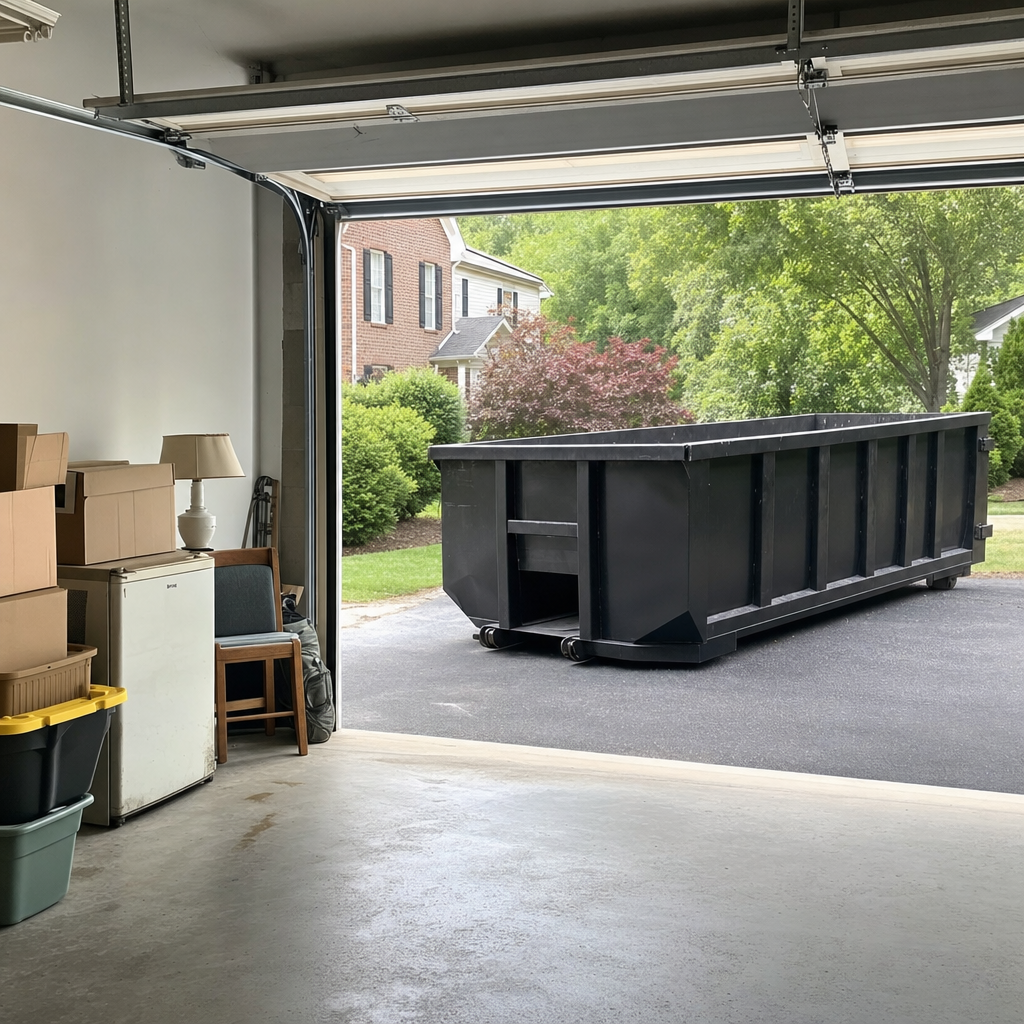 Open garage interior in a Las Vegas home mid-cleanout — boxed items, an old appliance, and stacked yard tools queued near the driveway for a matte-black roll-off dumpster, organized and calm