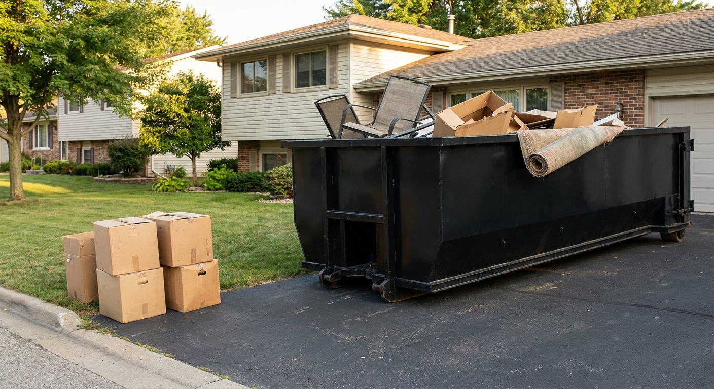 Front-yard view of a Las Vegas split-level home with a 20-yard matte-black roll-off dumpster sitting directly on the asphalt driveway, a few clearly labeled donation boxes staged at the curb, calm sunny afternoon.