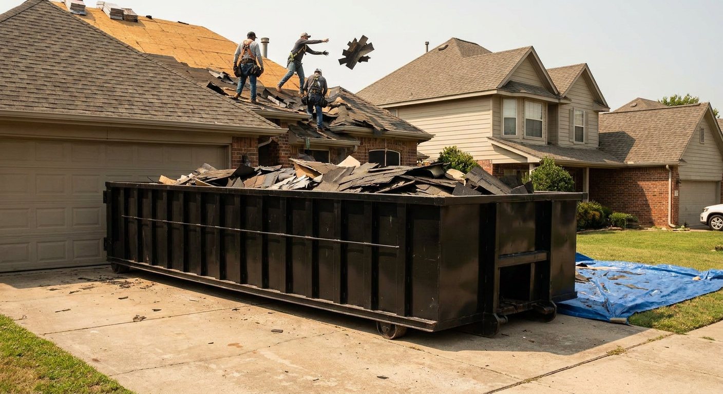 Matte-black roofing roll-off dumpster placed directly on a Las Vegas residential concrete driveway, a tear-off crew on a two-story asphalt-shingle roof tossing shingle bundles into the low-walled container, bright daylight, documentary 35mm perspective.