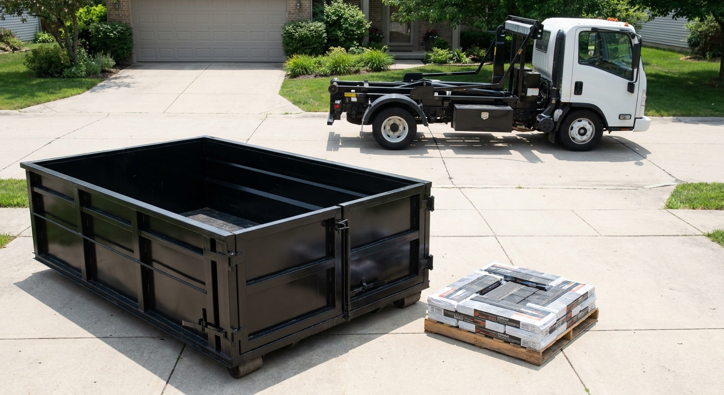 Matte-black 15-yard roofing roll-off dumpster with reinforced low side walls sitting directly on a Las Vegas residential concrete driveway, three-tab asphalt shingle bundles stacked nearby, an unmarked white hauler truck partially visible at the edge of the frame.