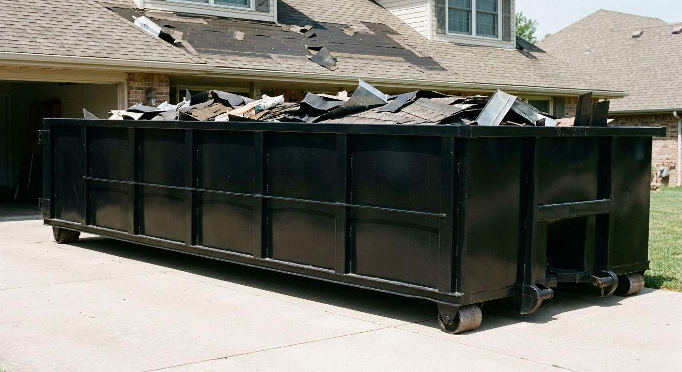 Matte-black 20-yard roofing roll-off dumpster with steel ribbed sides and swinging rear door, sitting directly on the concrete driveway of a two-story Las Vegas home, asphalt shingle debris being loaded over the low wall, clean documentary lighting.