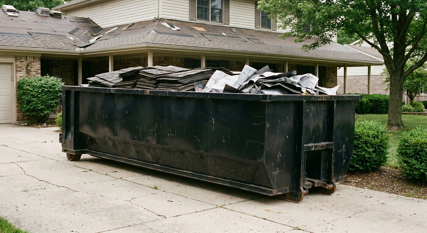 Matte-black 30-yard roofing roll-off dumpster sitting directly on a Las Vegas concrete driveway, taller ribbed steel side panels, mixed tear-off debris of asphalt shingles and underlayment inside, professional documentary daylight.