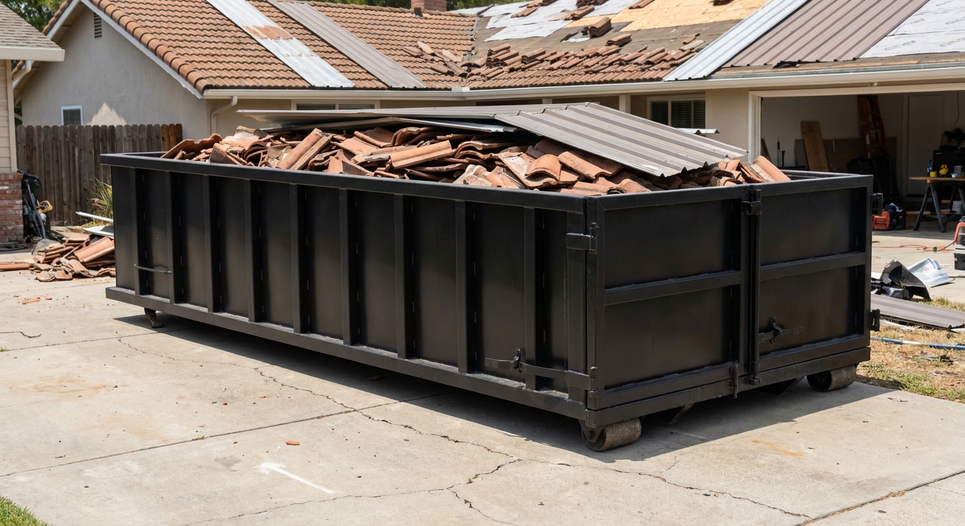 Matte-black low-wall heavy-debris roofing roll-off dumpster sitting directly on a Las Vegas concrete driveway, broken concrete clay roof tiles and metal panel sections loaded inside, reinforced ribbed steel side walls visible, bright outdoor daylight.