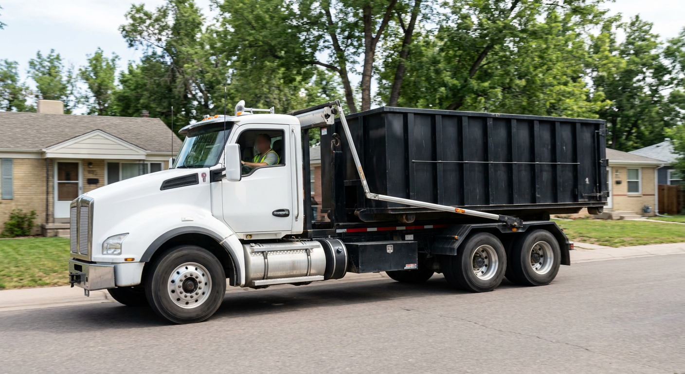 A wide documentary shot of a matte-black roll-off delivery truck pulling onto a quiet Las Vegas residential street at mid-morning, with neighborhood rooftops and tree-lined blocks visible behind, showing the metro coverage footprint.