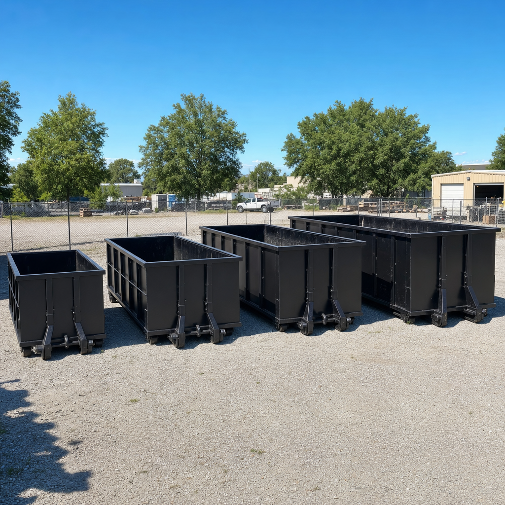 A clean lineup of matte-black roll-off dumpsters in 10, 20, 30, and 40-yard sizes staged on a sunlit gravel yard in Las Vegas, showing the size progression from compact to commercial-scale containers.
