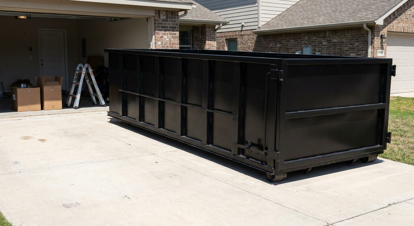 A matte-black 10-yard roll-off dumpster sitting directly on a residential Las Vegas concrete driveway, mid-day sunlight, clean and ready for a garage cleanout.