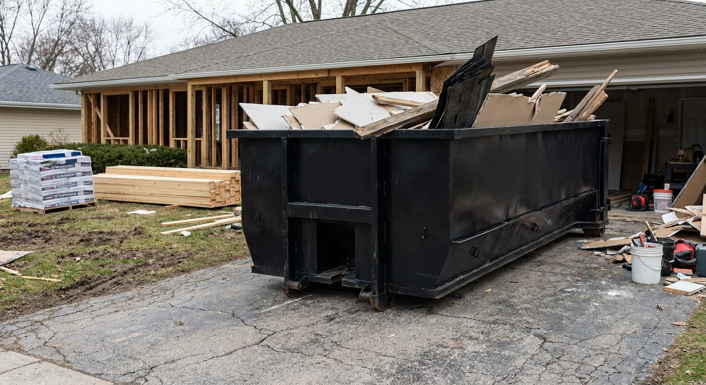 A matte-black 20-yard roll-off dumpster placed alongside a mid-renovation Las Vegas home directly on the asphalt driveway, with framing materials and torn-off shingles staged neatly nearby.