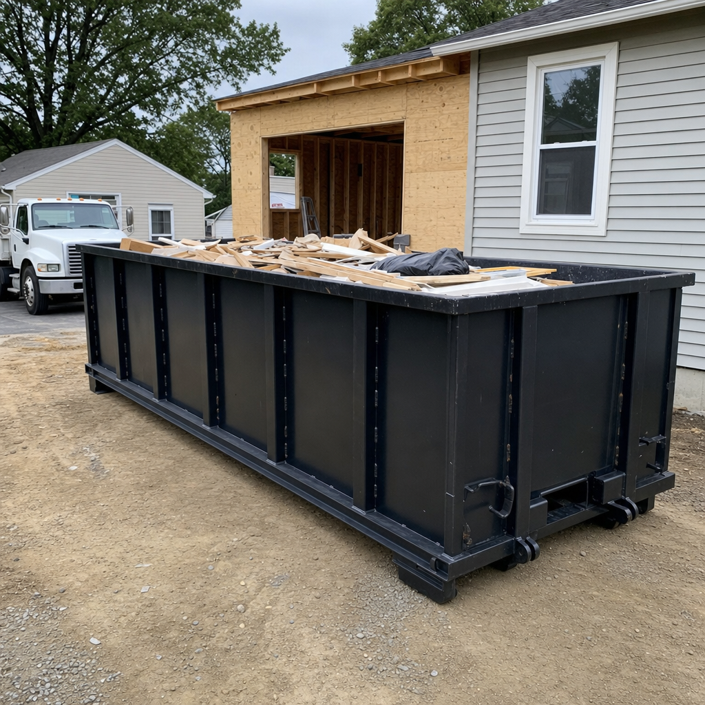 A matte-black 30-yard roll-off dumpster positioned at a Las Vegas residential addition jobsite, with framing lumber and drywall scraps loaded through the open swinging rear doors.