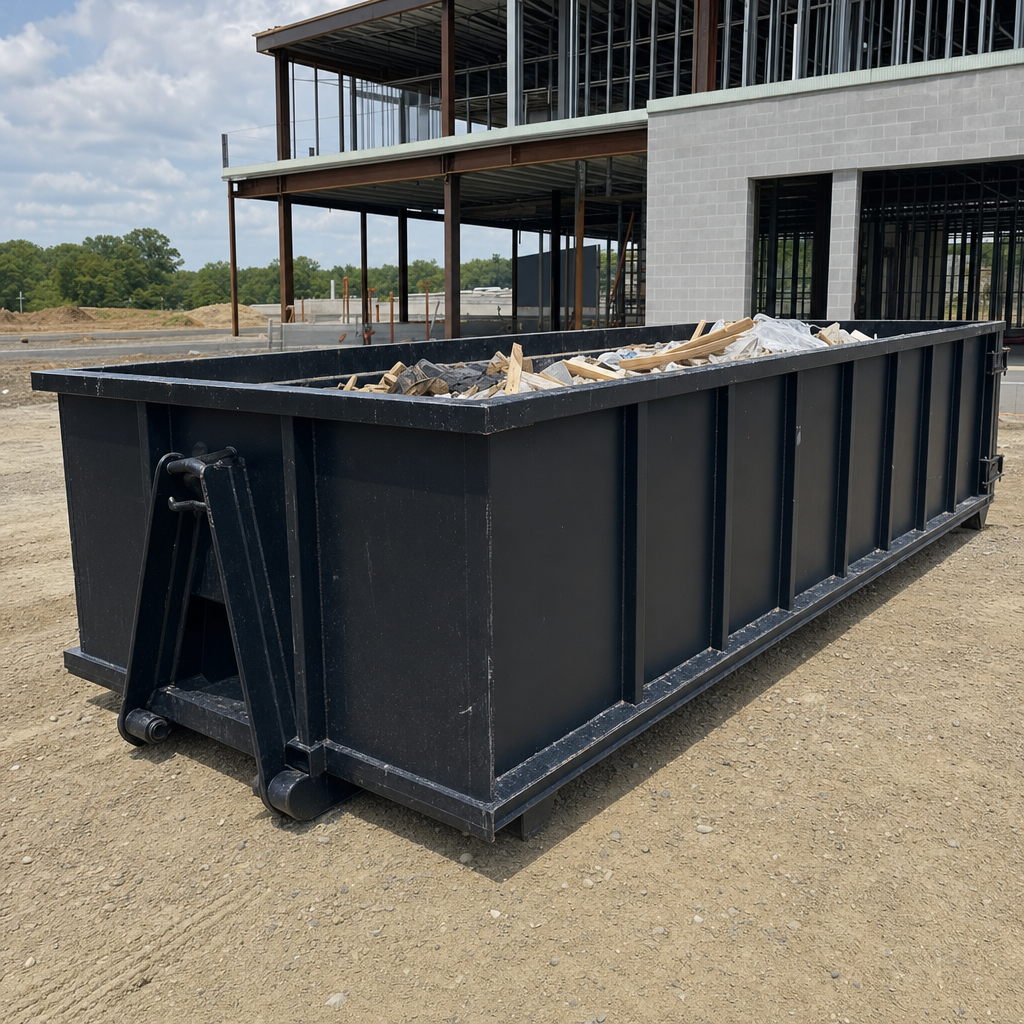 A matte-black 40-yard roll-off dumpster staged on a large Las Vegas commercial construction lot, with a hooklift delivery truck parked alongside under bright midday sky.