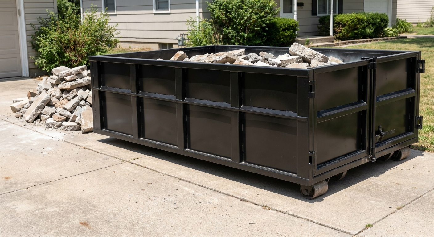 A matte-black low-side heavy-debris roll-off dumpster placed directly on a Las Vegas concrete driveway, with broken concrete chunks neatly stacked beside it under clean daylight.